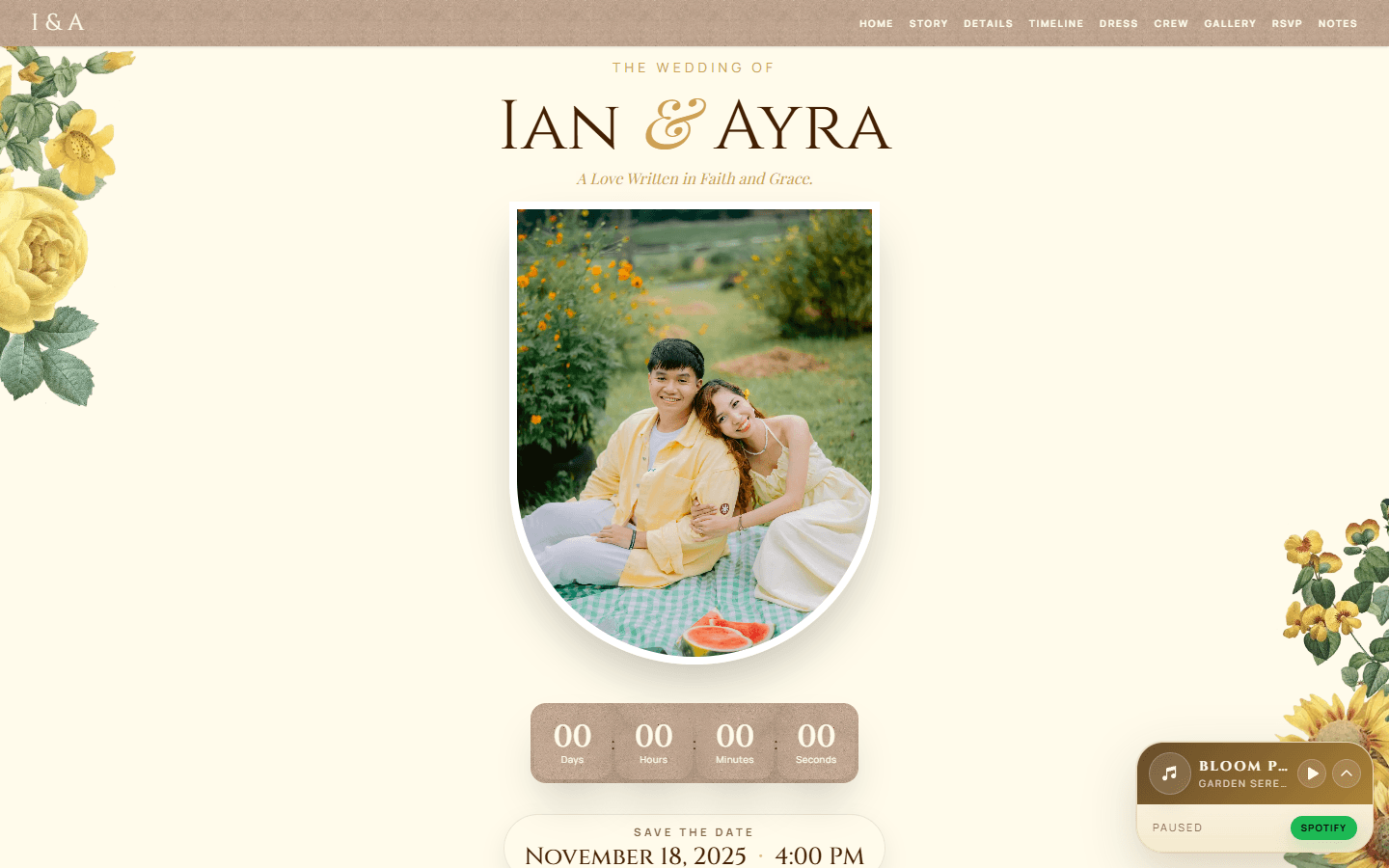Bloom Sunflower wedding website desktop preview